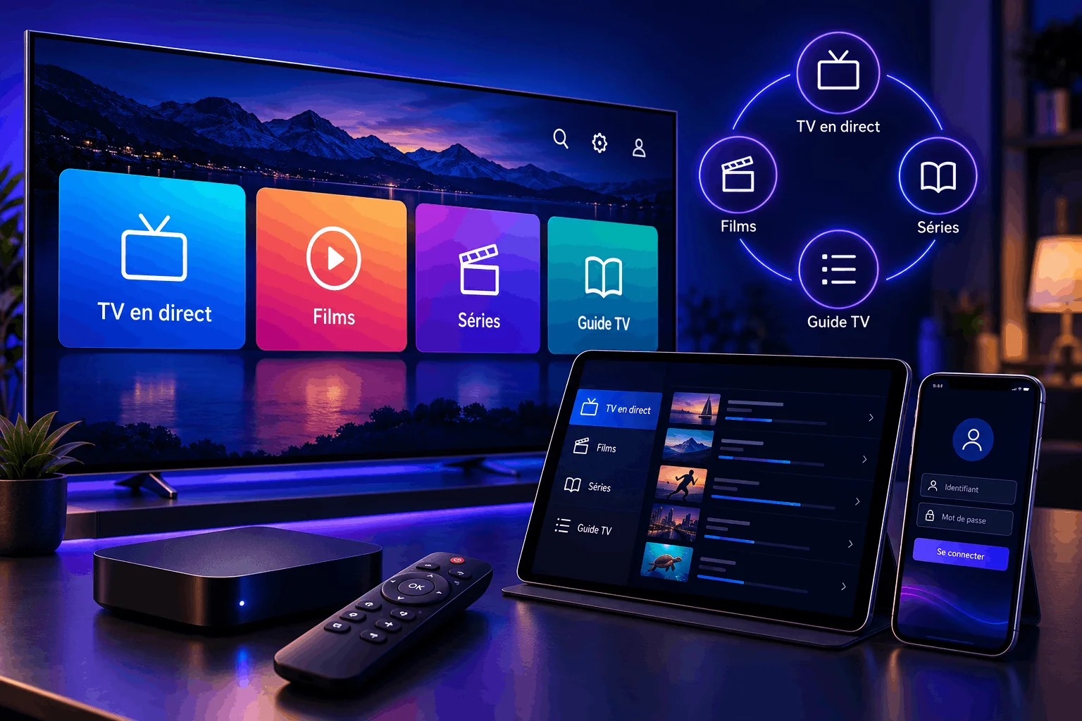 Télévision, tablette et smartphone illustrant l’utilisation d’IPTV Smarters Pro